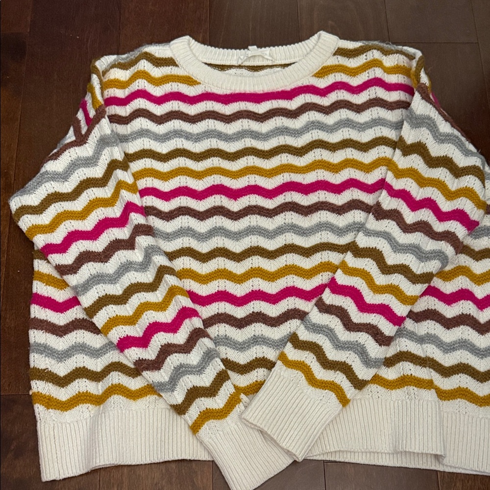 Lou & Grey by Loft Cream Crew Sweater with Pink, Mustard, Gray, Brown